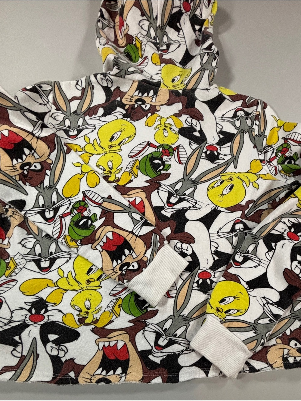 Looney Tunes Hoodie XS All Over Print Bugs Bunny Tweety Taz Fleece Y2K Pullover - Picture 6 of 9